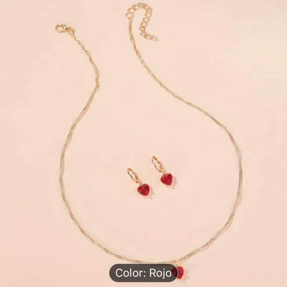 3pcs Shiny Red Heart Jewelry Set, Classic Glass Heart Necklace and Earrings, - Picture 4 of 6